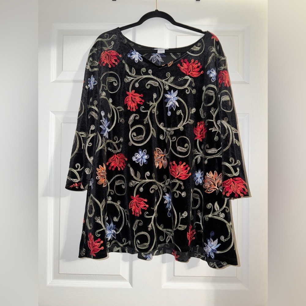 Catherines Black Top with Colorful Floral Embroidery